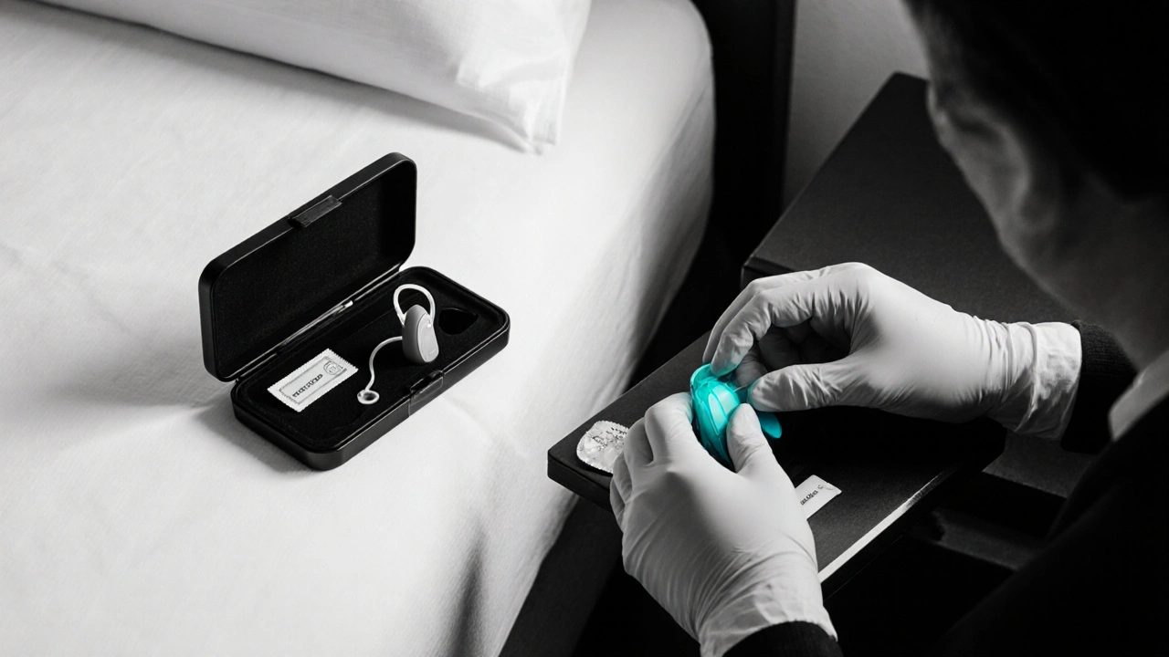 Audífono dentro de su caja con tubo de ventilación y desecante, mientras un audiólogo lo revisa.