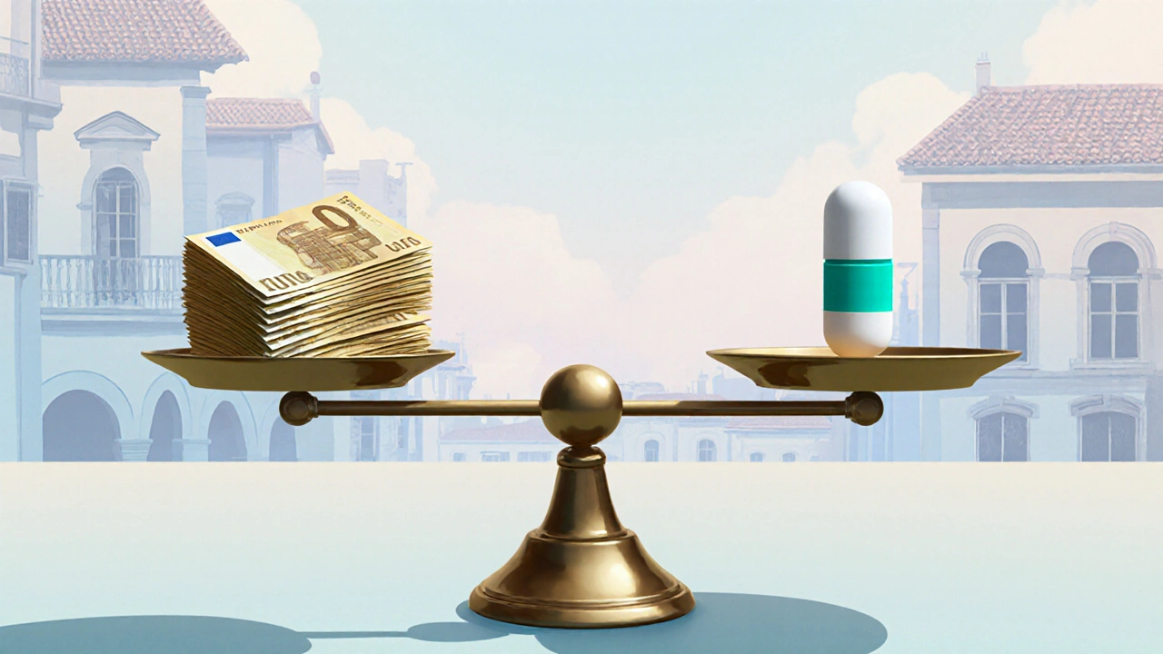 Balanza equilibrada comparando precio y seguridad de fluoxetina genérica.