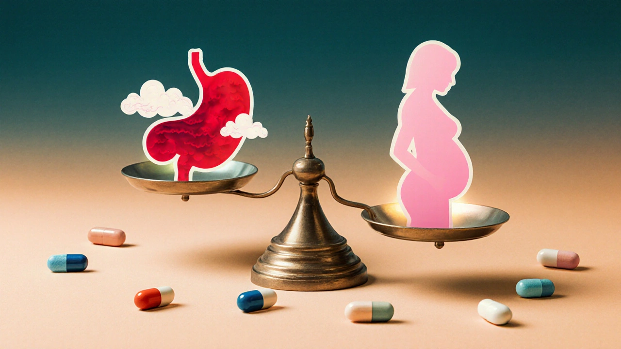 Balanza equilibrada con diferentes medicamentos y siluetas que representan estómago y embarazo.