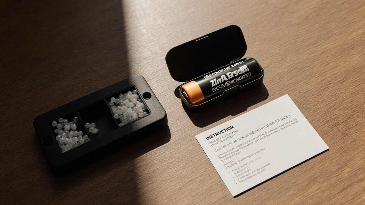 Baterías de audífono zinc‑air y litio junto a caja de almacenamiento con desecante.