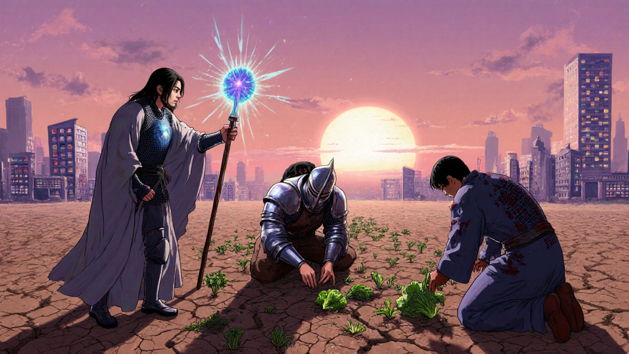 Caballero con ERGE siendo curado por tres curanderos: famotidina, dieta y despojando una armadura de IBP.