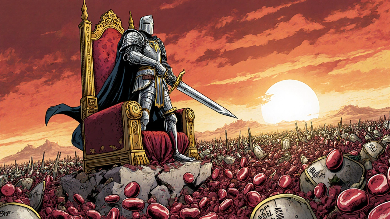 Caballero de Entresto derrotando tratamientos antiguos mientras las células sanguíneas se fortalecen.