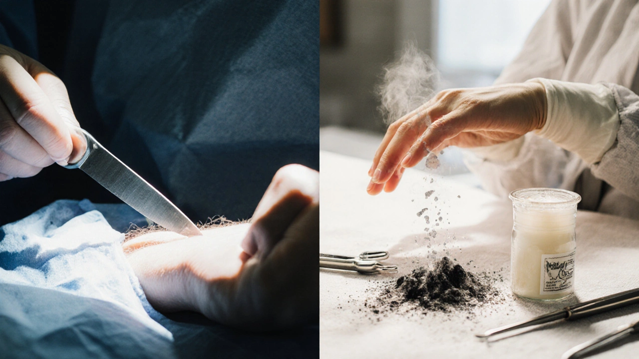 Comparación entre cirugía y fisioterapia: mano en estiramientos frente a bisturí, píldora desapareciendo.