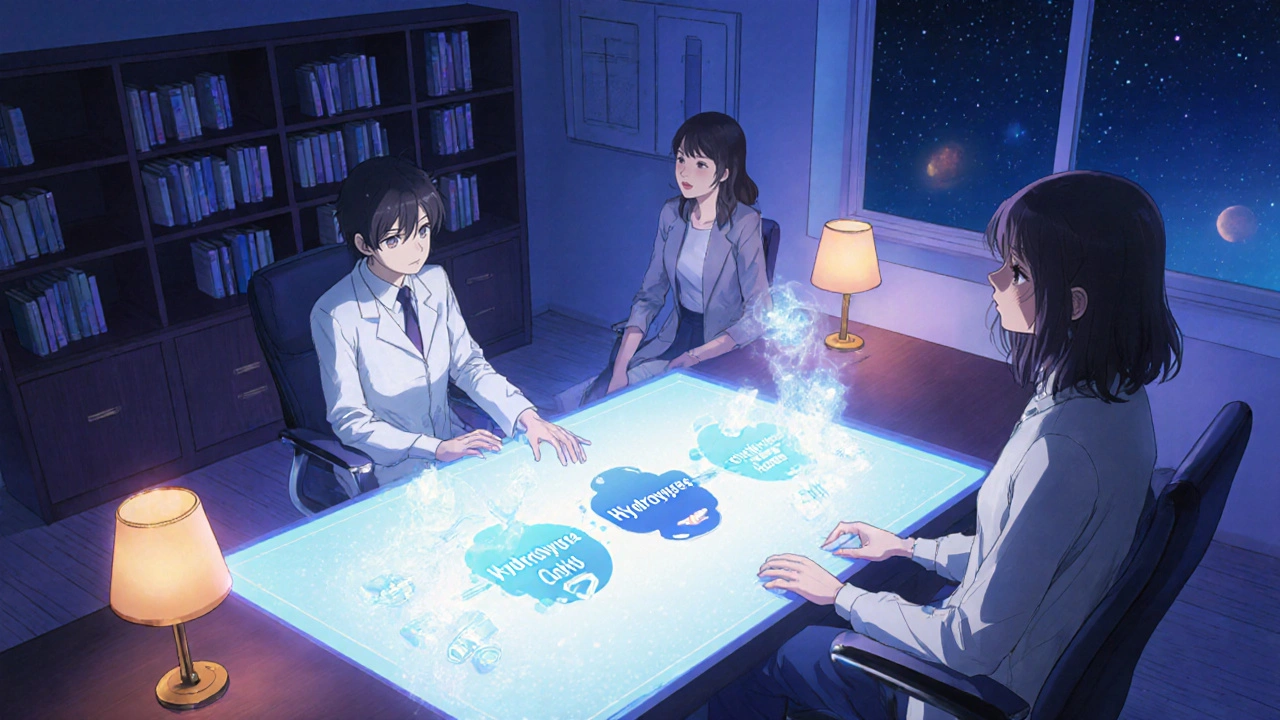 Consulta nocturna con holograma que muestra Hydroxyurea y sus alternativas, rodeados de médico y cuidador.