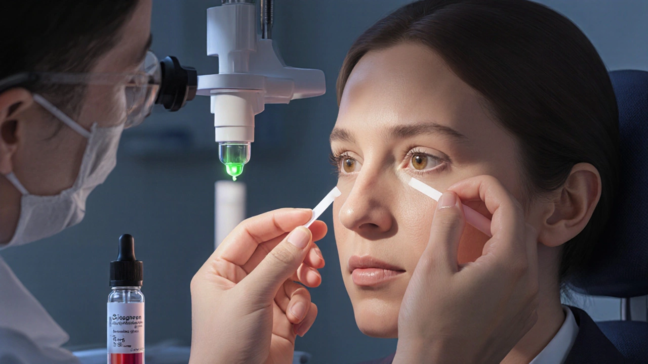 Doctor aplicando prueba de Schirmer y fluoresceína al ojo del paciente.