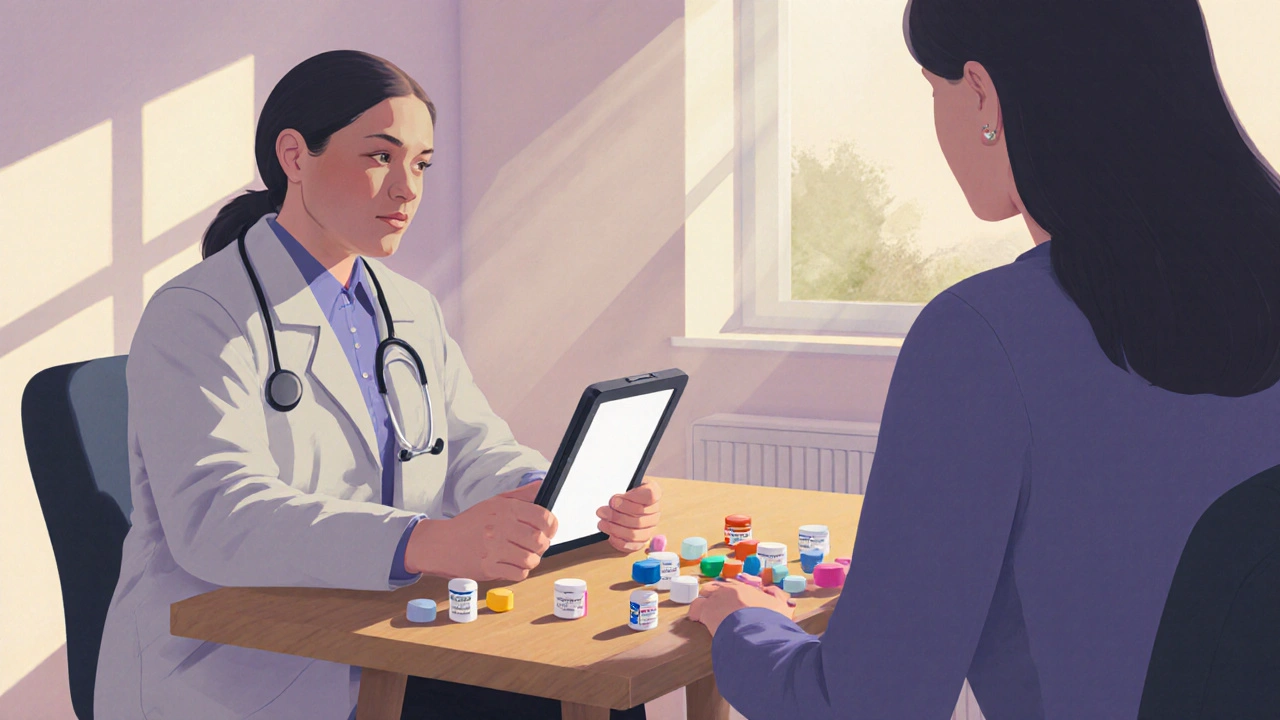 Doctor y paciente discutiendo tratamientos en una clínica iluminada, con cápsulas de varios fármacos sobre la mesa.