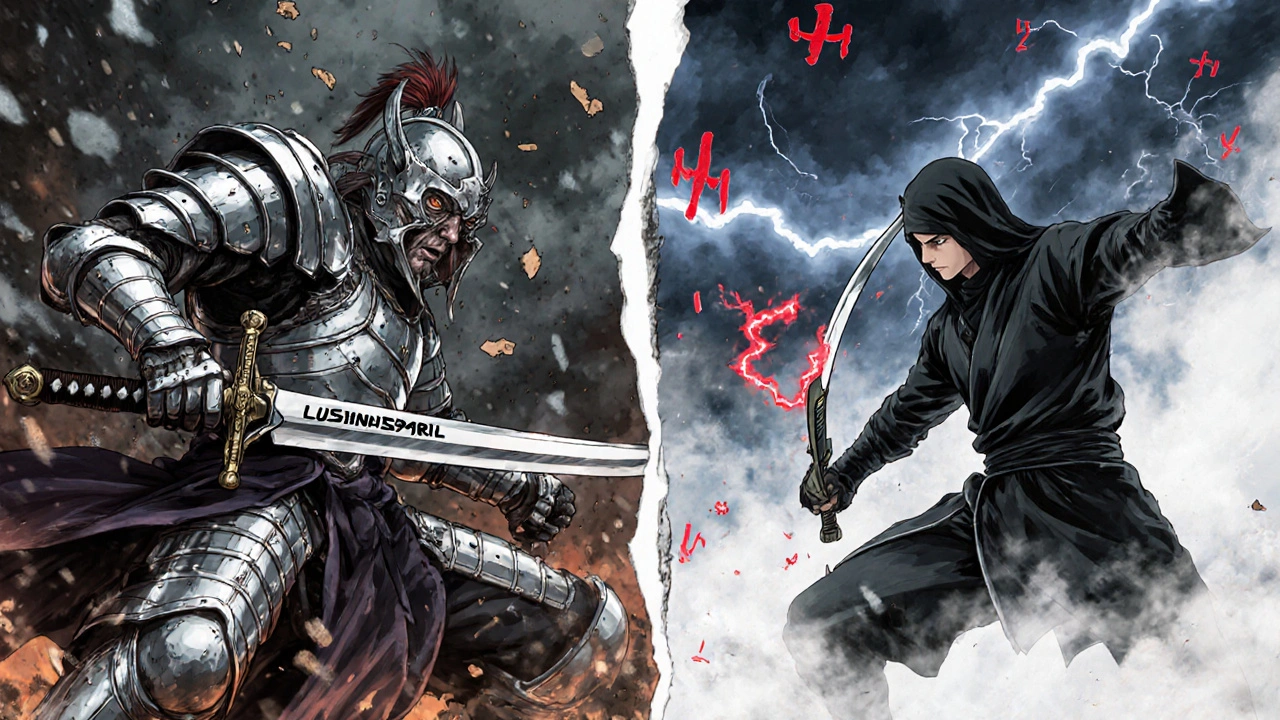 Guerrero con espada Lisinopril enfrentándose a un ninja con Losartán en un campo de batalla simbólico.