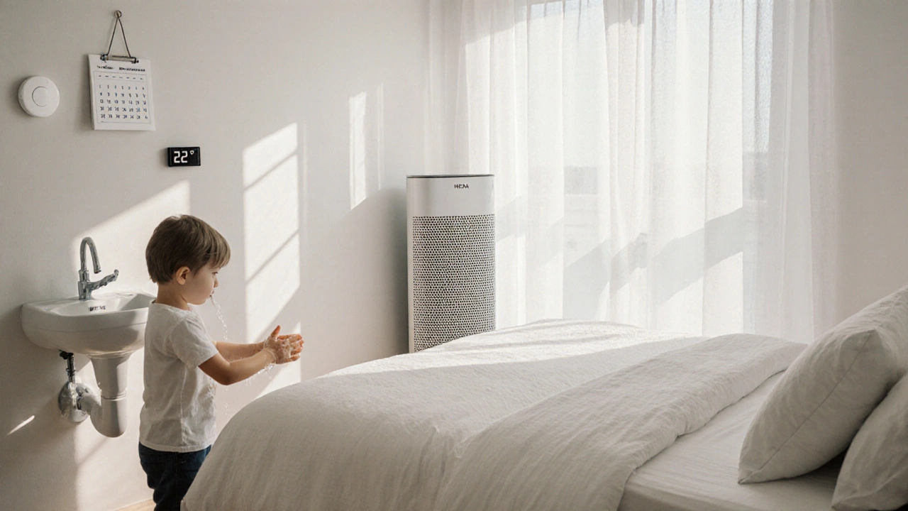 Habitación ordenada con purificador de aire, termostato y niño lavándose las manos.
