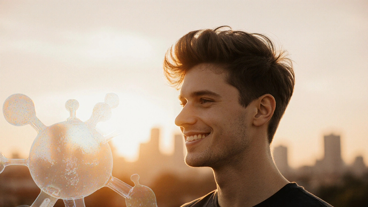 Hombre con cabello abundante y sonrisa bajo luz dorada al atardecer.