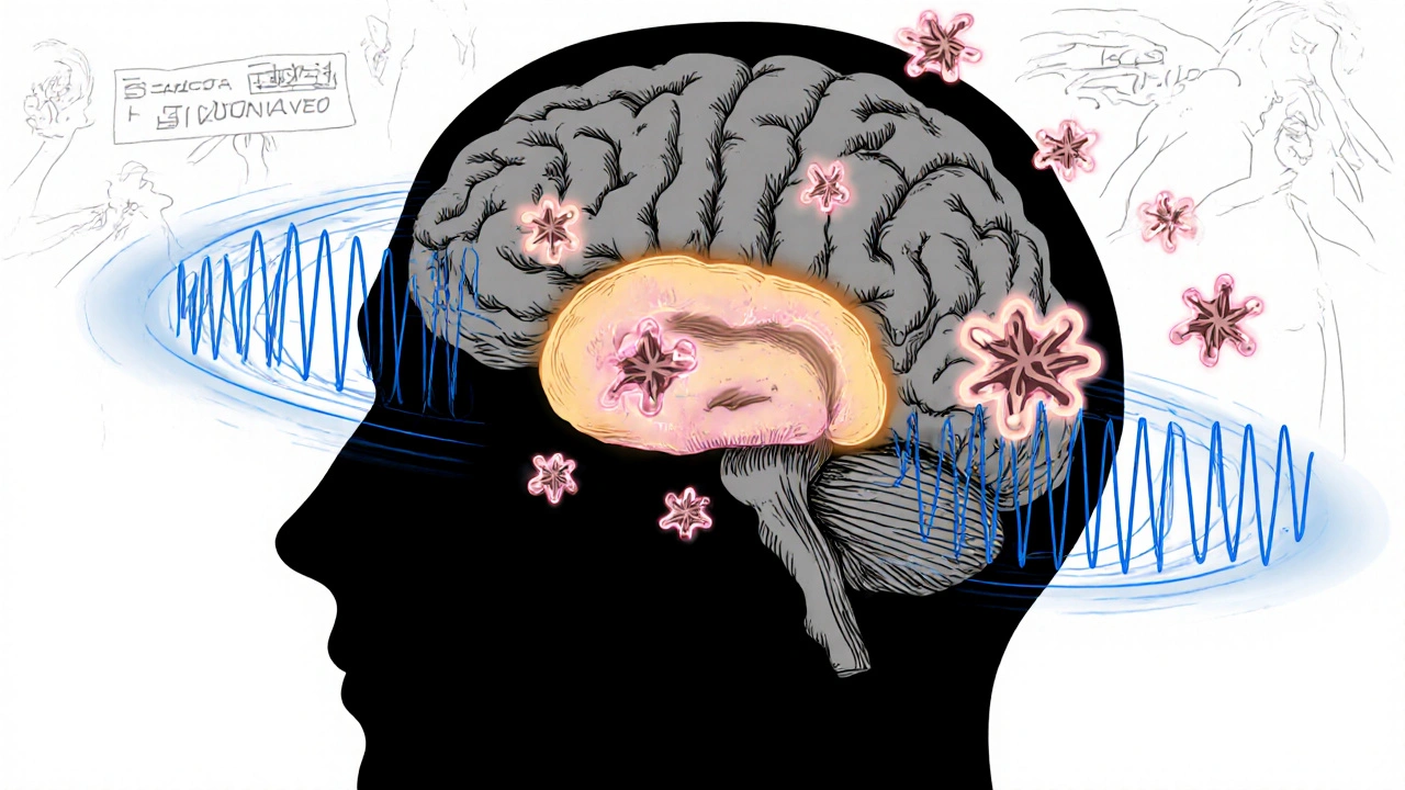 Ilustración de trazodona uniéndose a receptores de serotonina en el cerebro, resaltando sueño profundo.