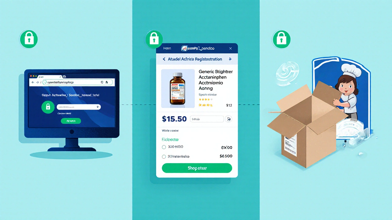 Ilustración en tres paneles que muestra comprar acetaminofén online: URL segura, carrito y entrega del paquete.