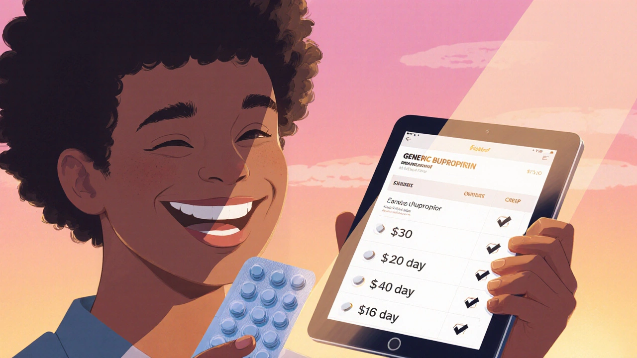 Joven sonriente sostiene blíster de bupropión y tablet con tabla de precios, bajo un amanecer cálido.