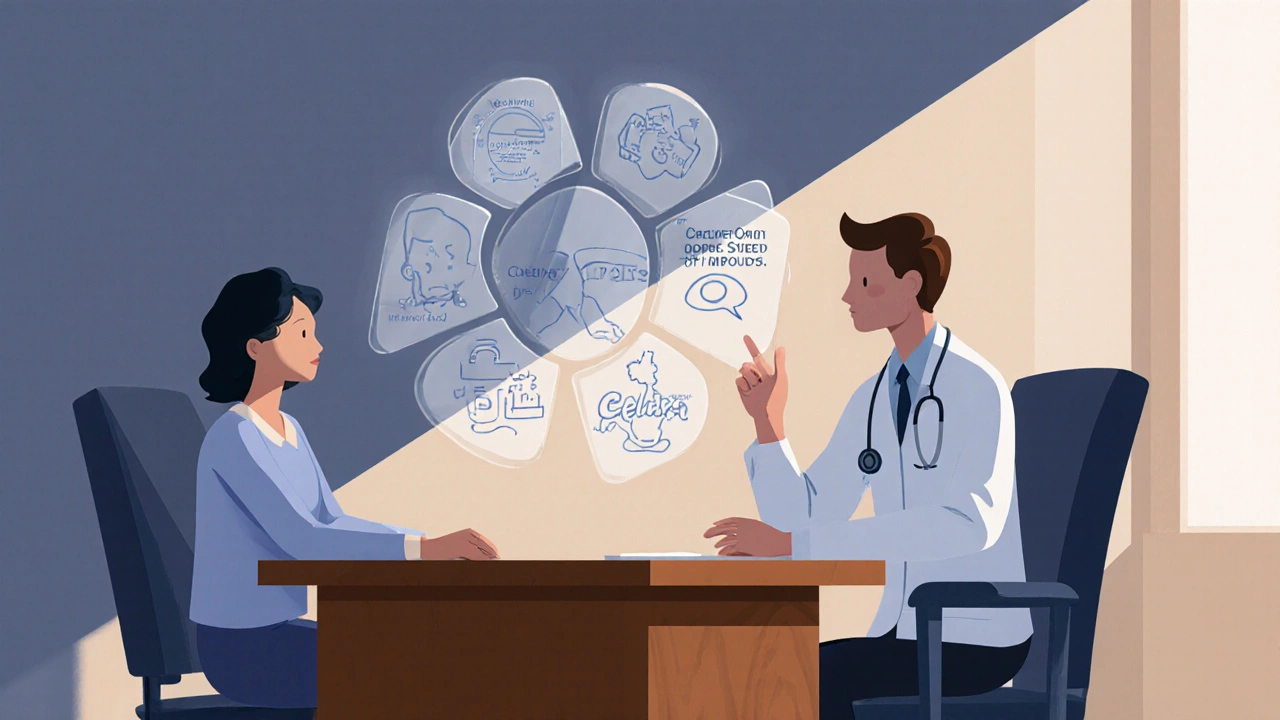 Médico y paciente conversando sobre opciones de antidepresivos con diagramas flotantes.