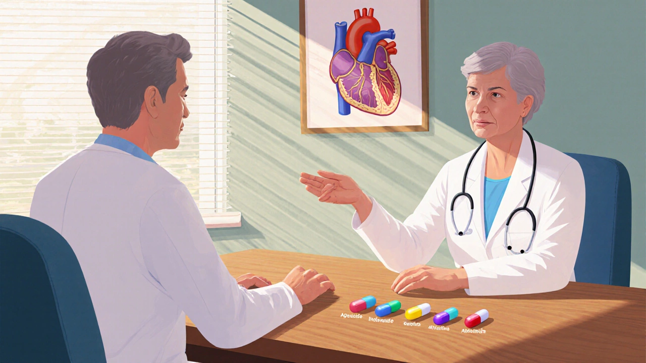Médico y paciente revisan diferentes pastillas sobre una mesa, discutiendo la mejor opción.
