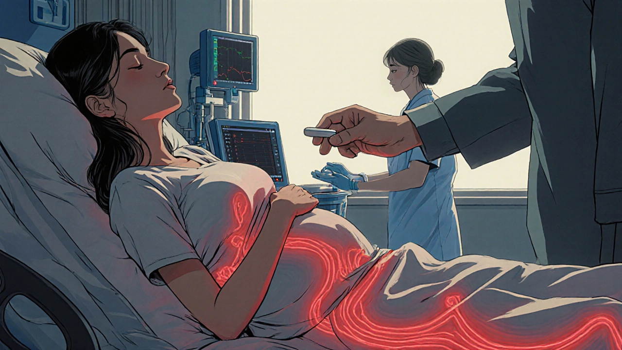 Mujer embarazada recibiendo misoprostol para inducir el parto en un hospital.