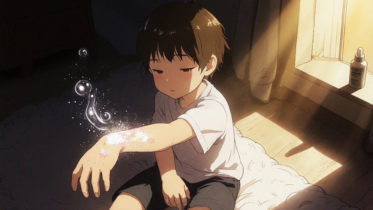 Niño con eczema aliviado después de aplicar V Gel, mostrando una capa protectora luminosa.