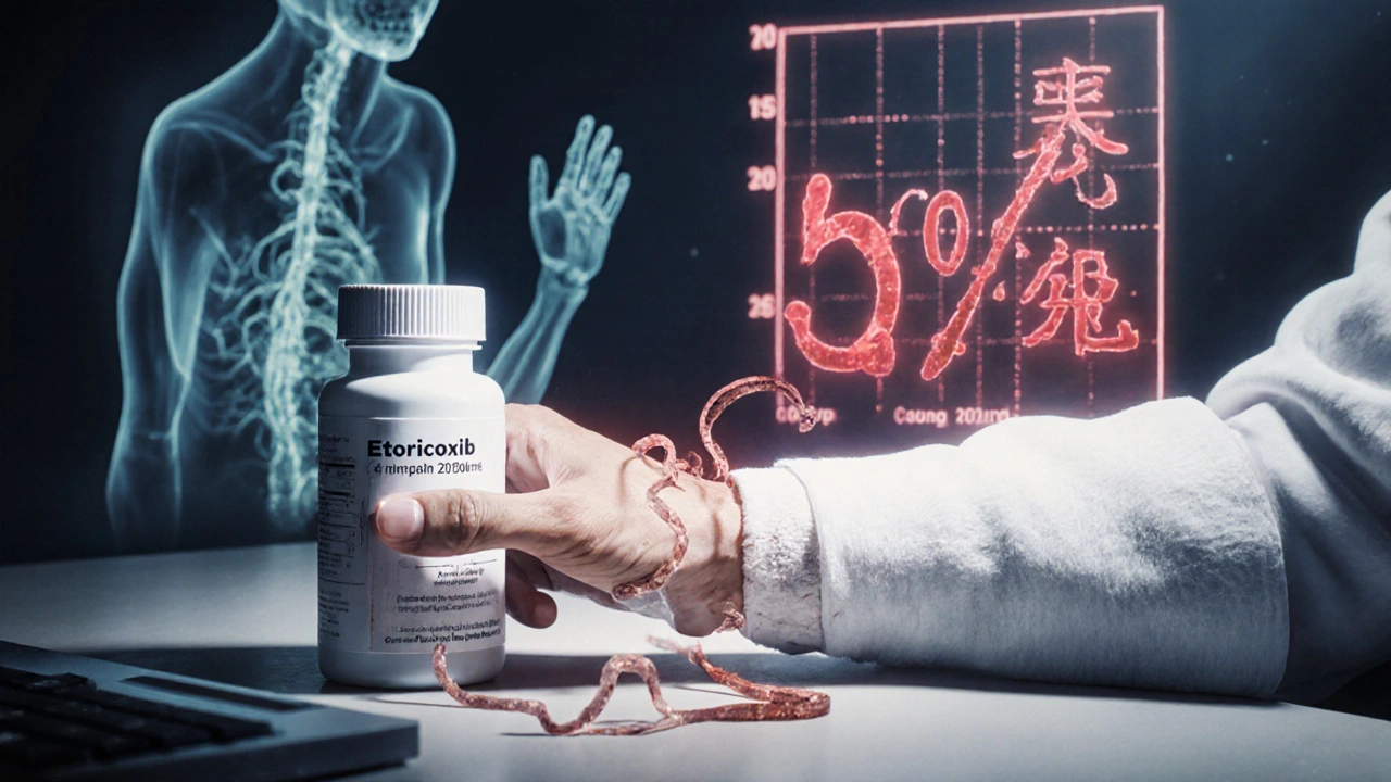 Paciente con férula y píldora de etoricoxib, inflamación nerviosa retrocediendo en forma de sombras.