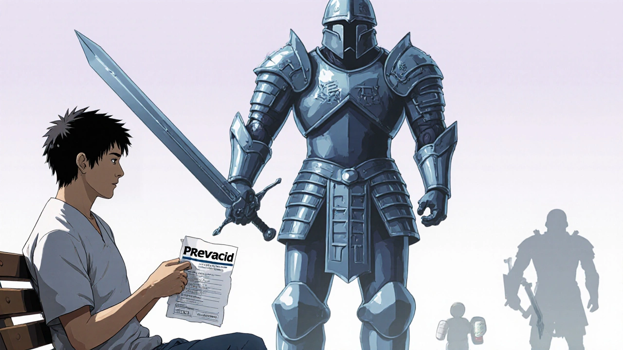 Paciente con receta de Prevacid frente a un guerrero de omeprazol genérico, estilo anime oscuro y detallado.