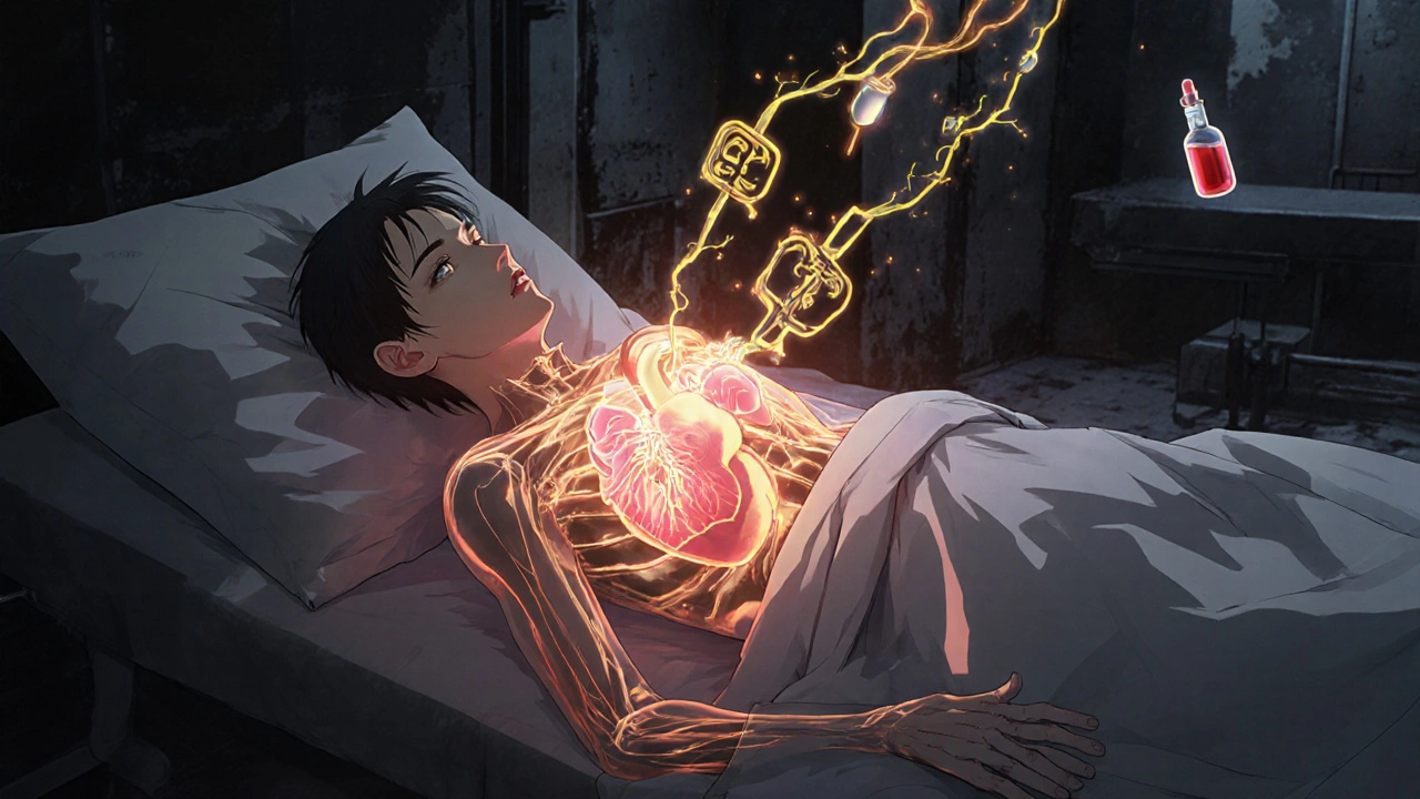 Paciente con visión interna de moléculas de sacubitril activando vasos y hierro en la sangre.