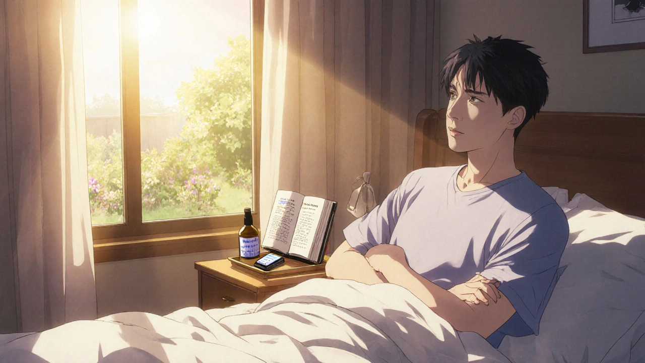 Paciente de Parkinson descansado, tomando trazodona y siguiendo rutina saludable al amanecer.