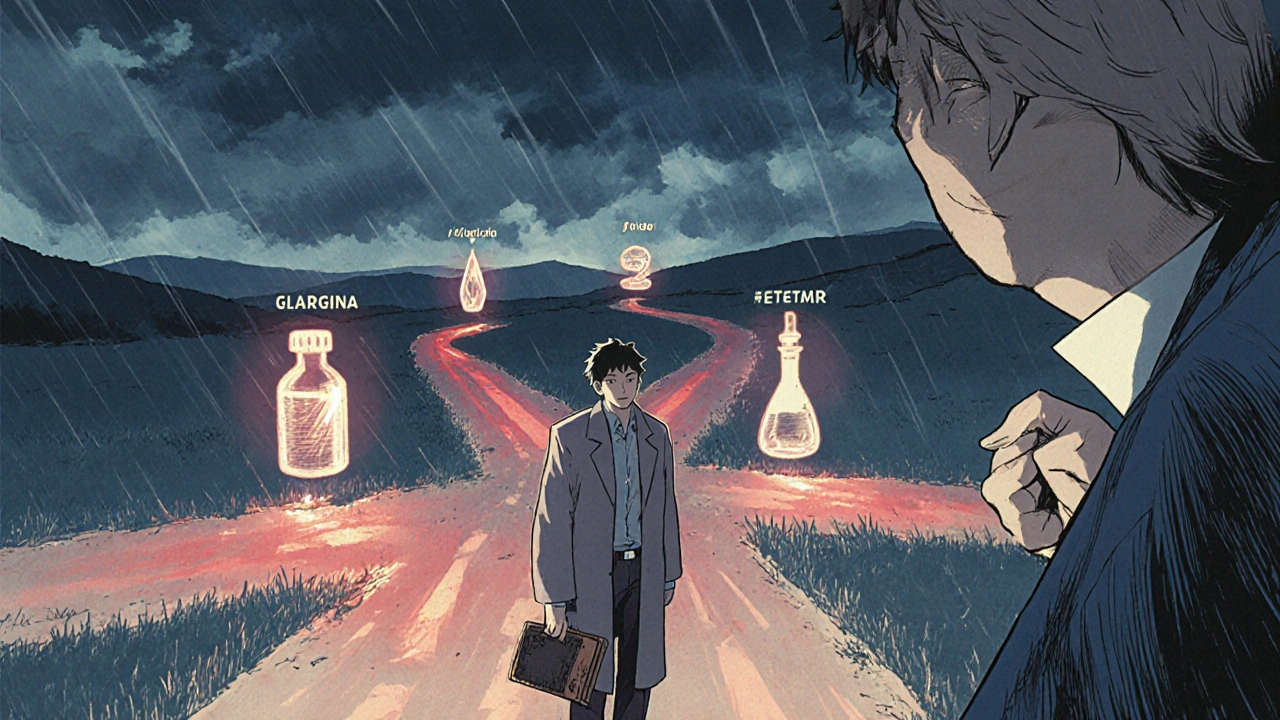 Paciente en una encrucijada con rutas que simbolizan distintas insulinas y un médico orientando.