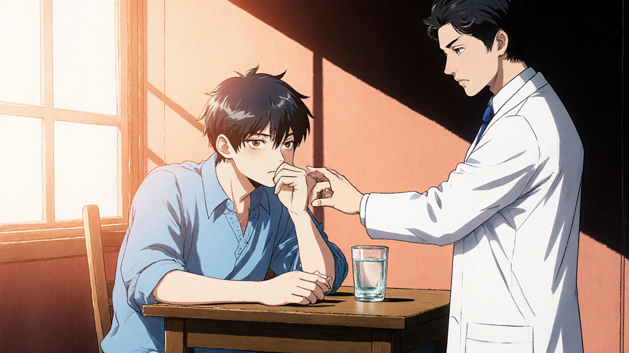 Paciente tomando una pastilla de ivermectina con la guía de un médico.