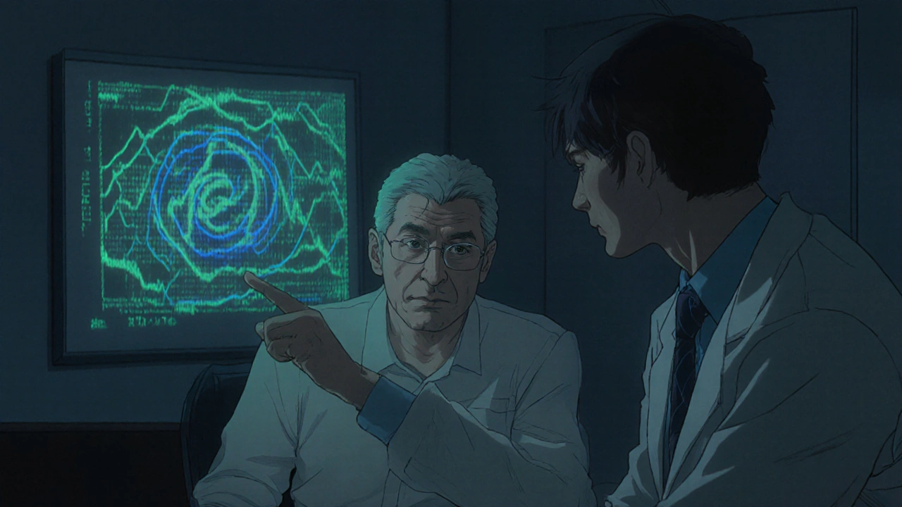 Paciente y neurólogo conversando, con aura de mareos.