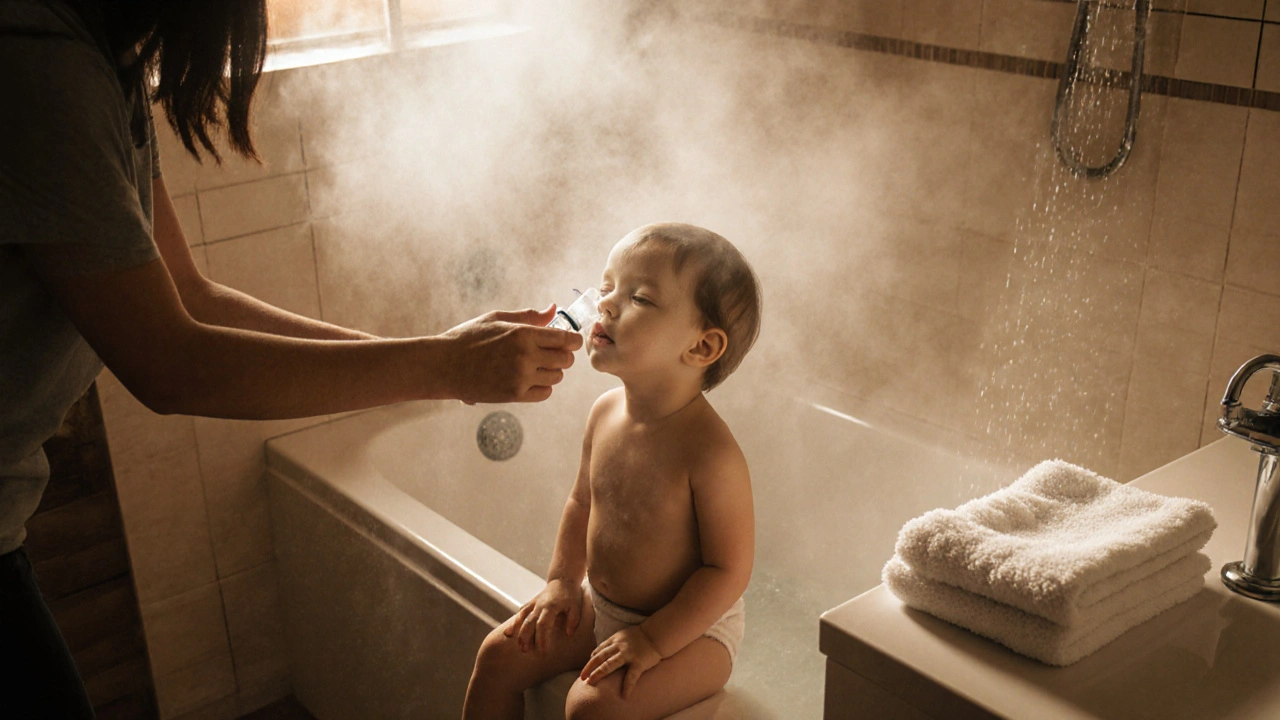 Padre usando solución salina y vapor en baño para aliviar congestión del niño.