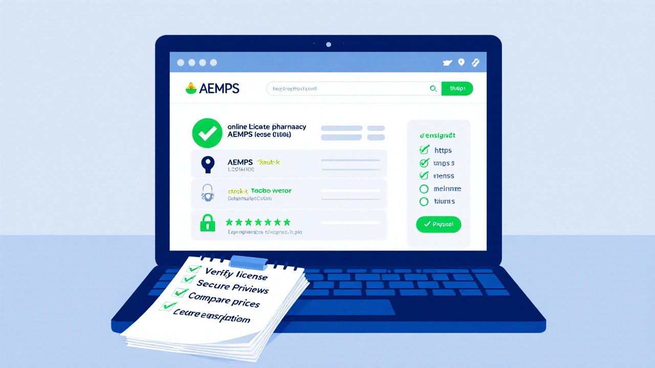 Pantalla de portátil con sitio web de farmacia española, mostrando licencia AEMPS, candado HTTPS y lista de verificación.