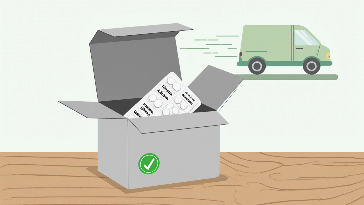 Paquete discreto con cápsulas de fluoxetina listo para envío.