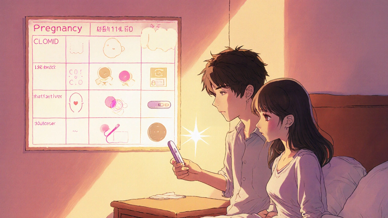 Pareja feliz mirando una prueba de embarazo con fondo de tabla comparativa.