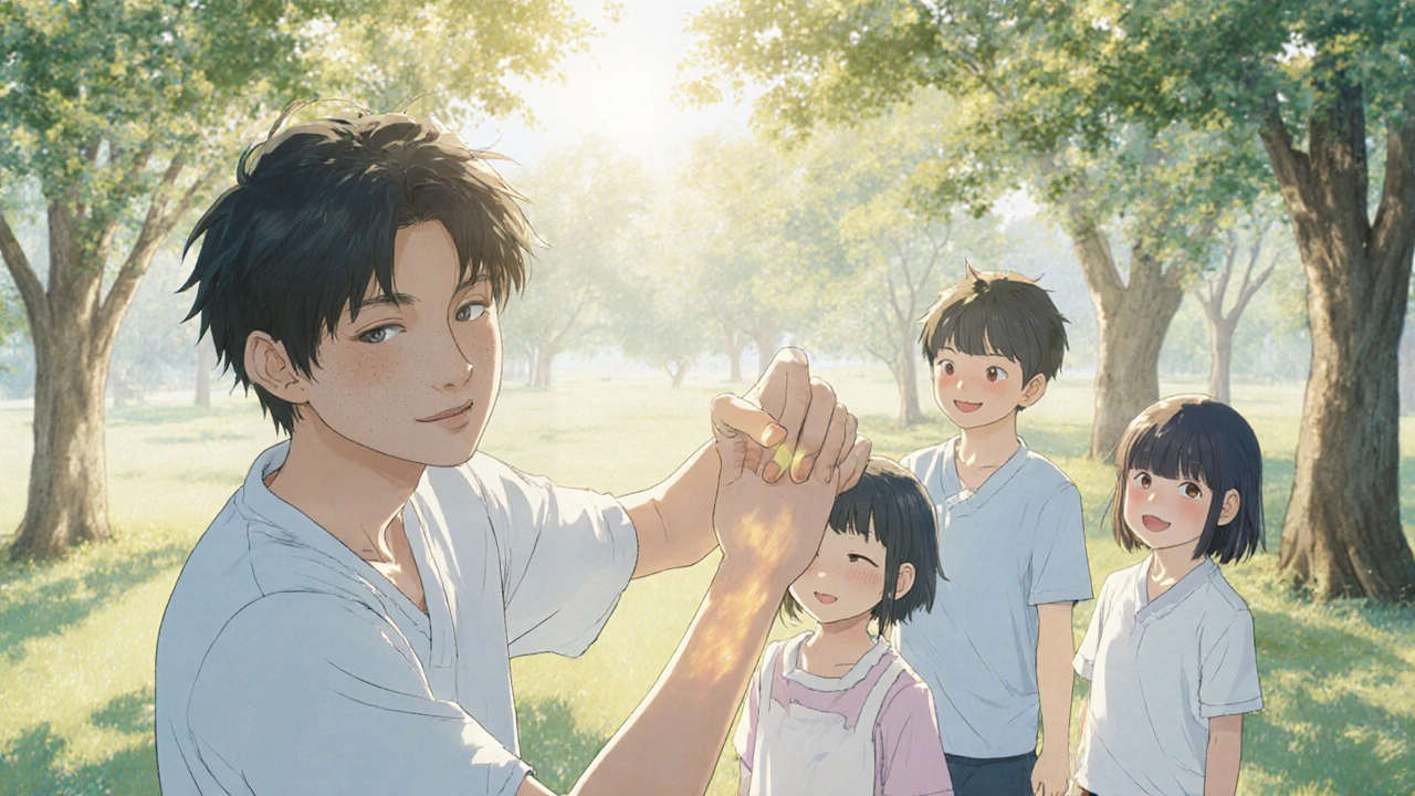 Persona feliz mostrando piel sana en un parque soleado.