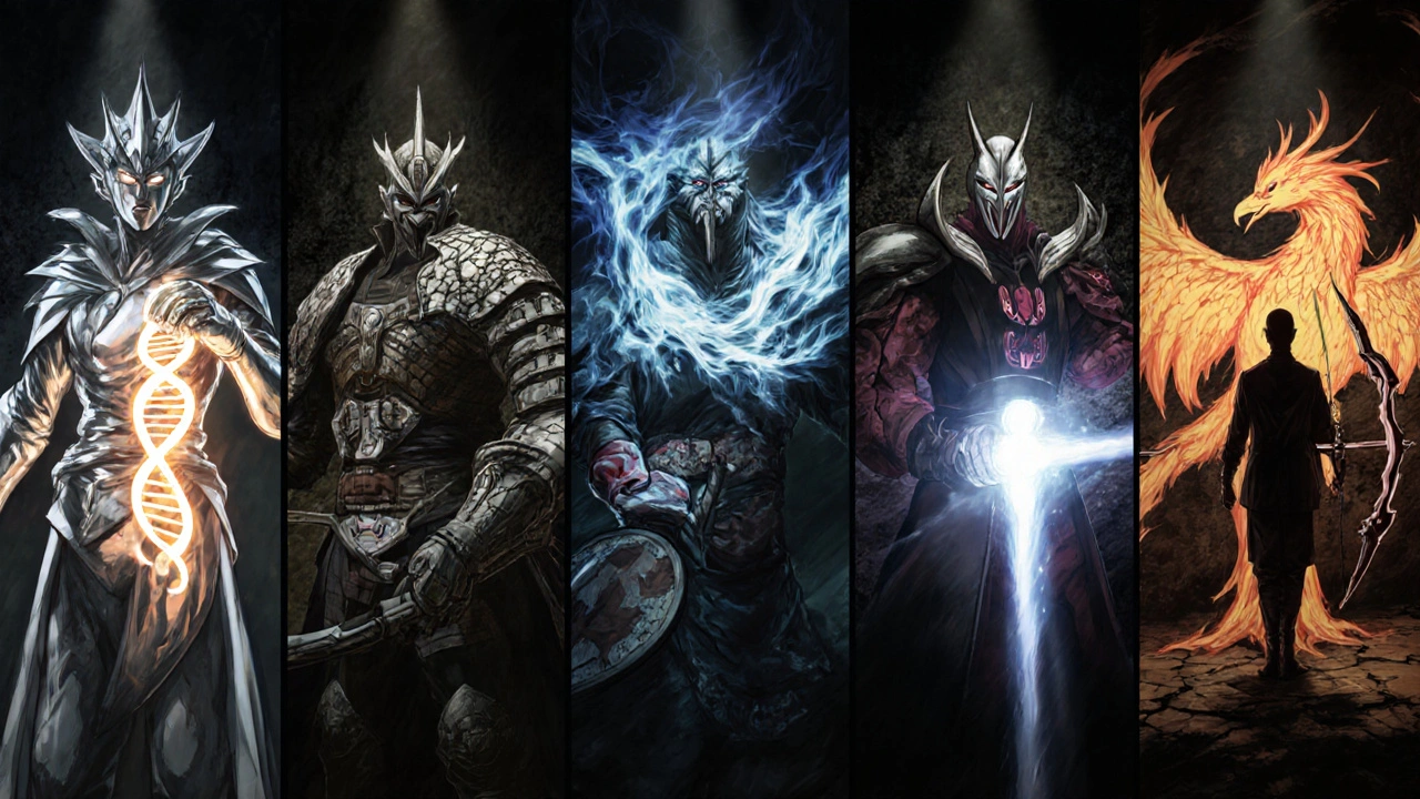 Personajes anime representan Azacitidina, Ruxolitinib, Busulfan, Interferón‑alfa, Rituximab y trasplante de médula ósea.