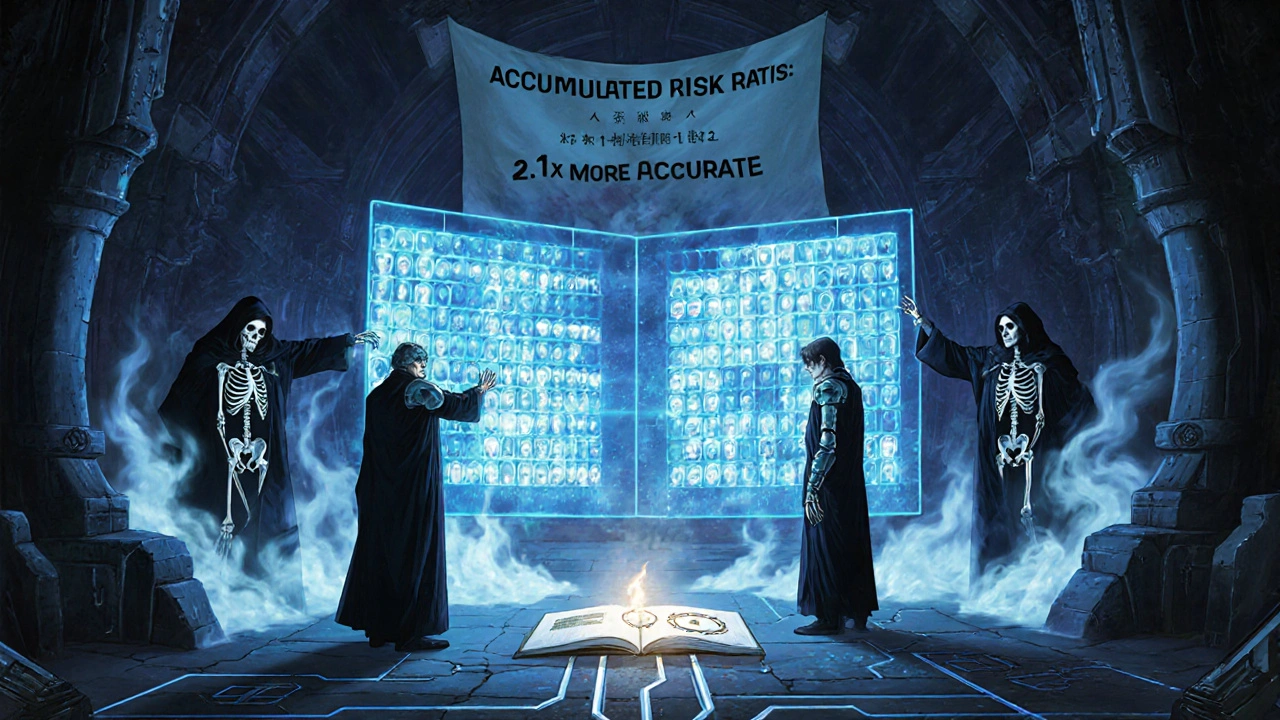 Templo de datos donde estadísticos manipulan matrices de riesgo mientras entidades de riesgos competidores intentan borrar eventos.