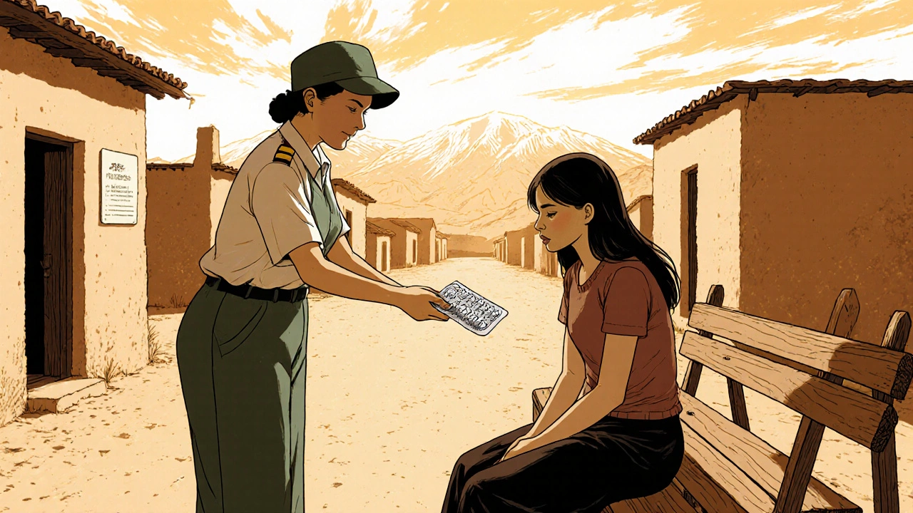 Trabajador de salud entregando misoprostol a una mujer en comunidad rural.