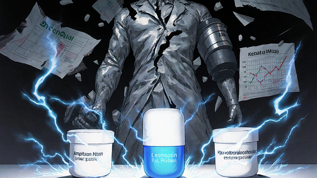 Tres medicamentos alternativos forman una estrategia médica frente a una estatua que se derrumba de Lisinopril.