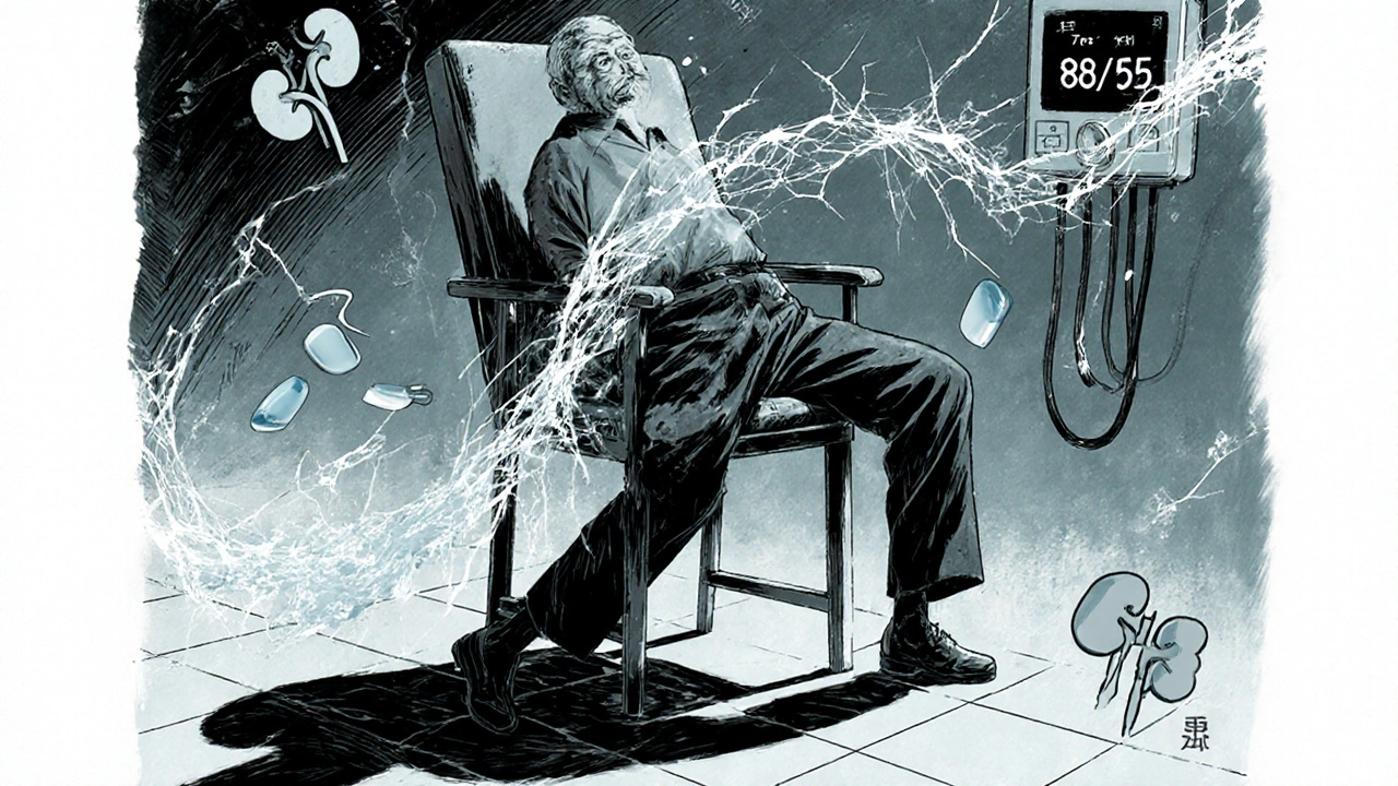 Anciano al levantarse con presión arterial baja y ondas de presión visuales, estilo Kentaro Miura.