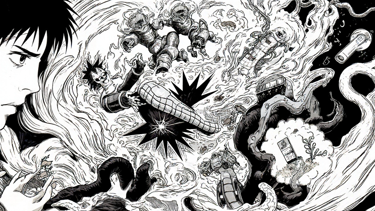 Batalla cerebral ilustrada: soldados de vareniclina bloquean demonios de nicotina en un cerebro detallado con venas y emociones visuales.