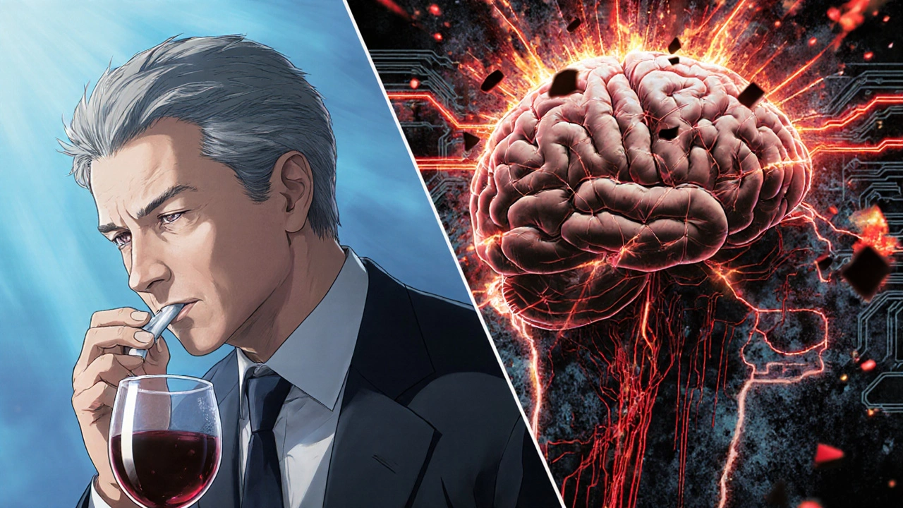 Cerebro humano representado como circuito dañado por la mezcla de antihistamínico y alcohol.