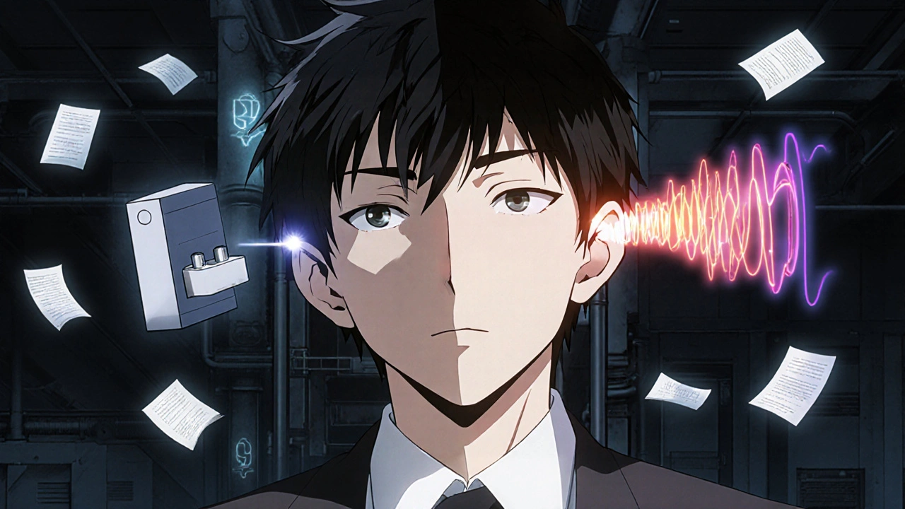 Comparación de un oído real con una caja de prueba estándar, ondas de sonido distintas en estilo anime oscuro.