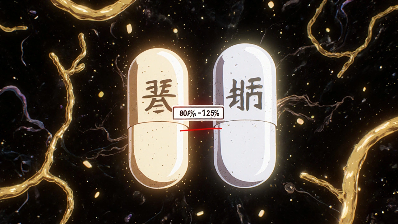 Dos pastillas idénticas flotan conectadas por datos moleculares y una línea de bioequivalencia.