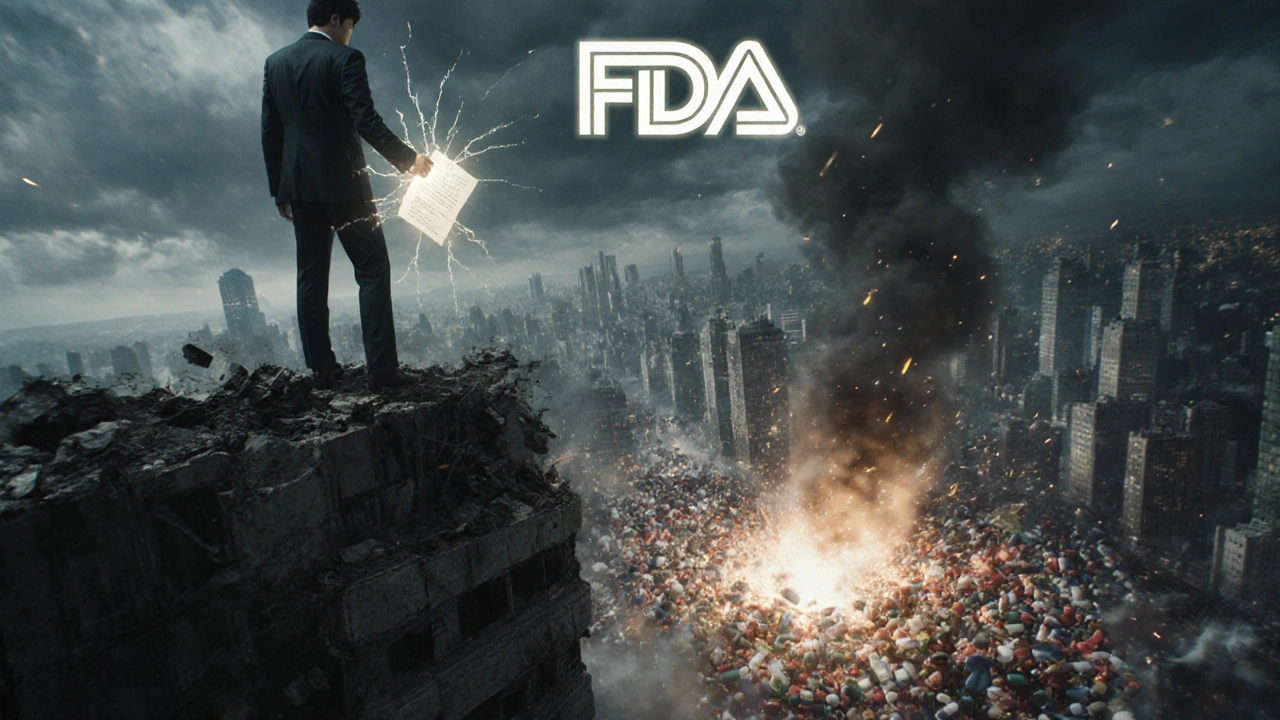 Ejecutivo en torre derrumbada mientras pastillas en batalla luchan abajo, con símbolo de la FDA en el cielo.