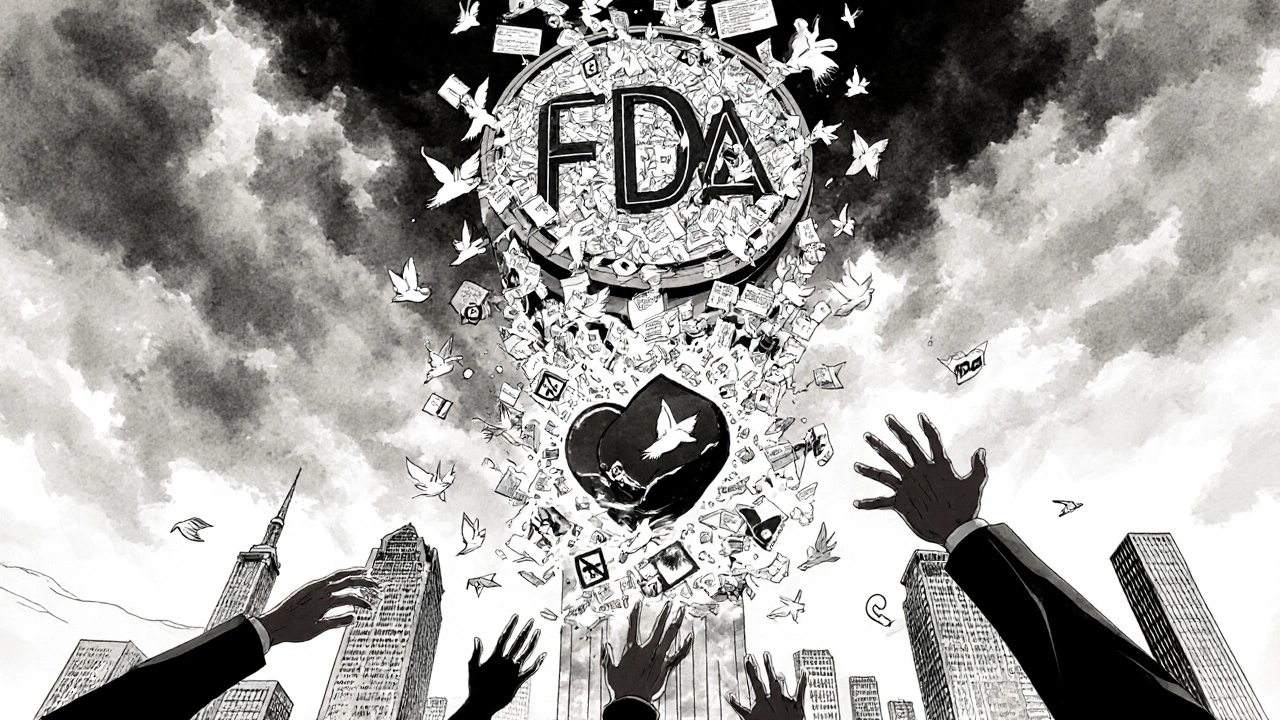 Emblema de la FDA compuesto por informes de pacientes que se convierten en advertencias médicas.