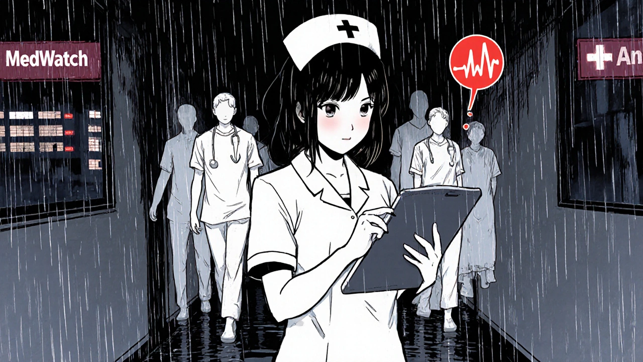 Enfermera reportando un efecto adverso usando un sistema electrónico en un pasillo hospitalario.