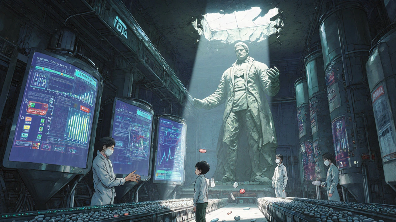 Fábrica mecánica produciendo genéricos mientras una estatua antigua se desmorona, y una pastilla cae hacia una mano infantil.