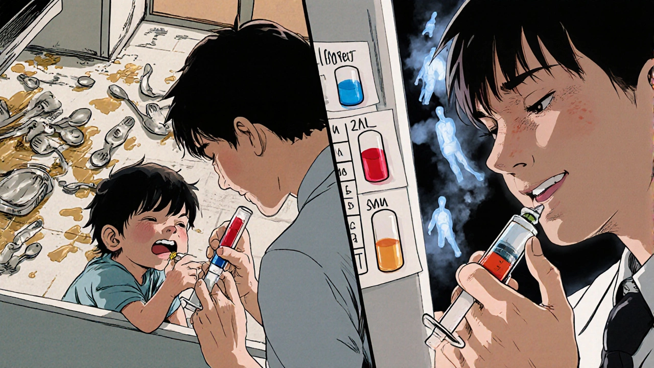 Familia administra medicamentos con jeringas color-coded mientras una hoja de dosificación cuelga en la nevera.