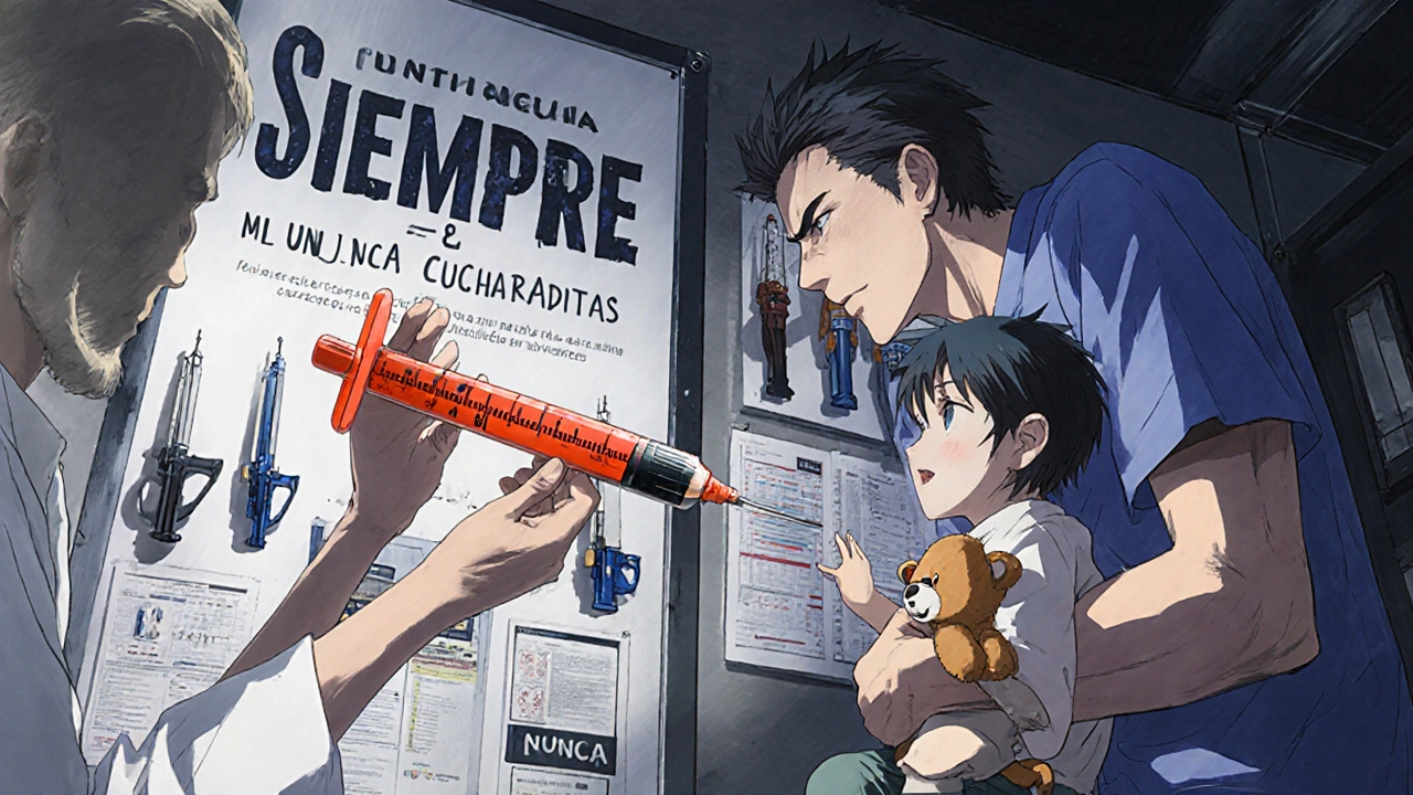 Farmacéutico entrega una jeringa calibrada en mL a un padre con su hijo pequeño.