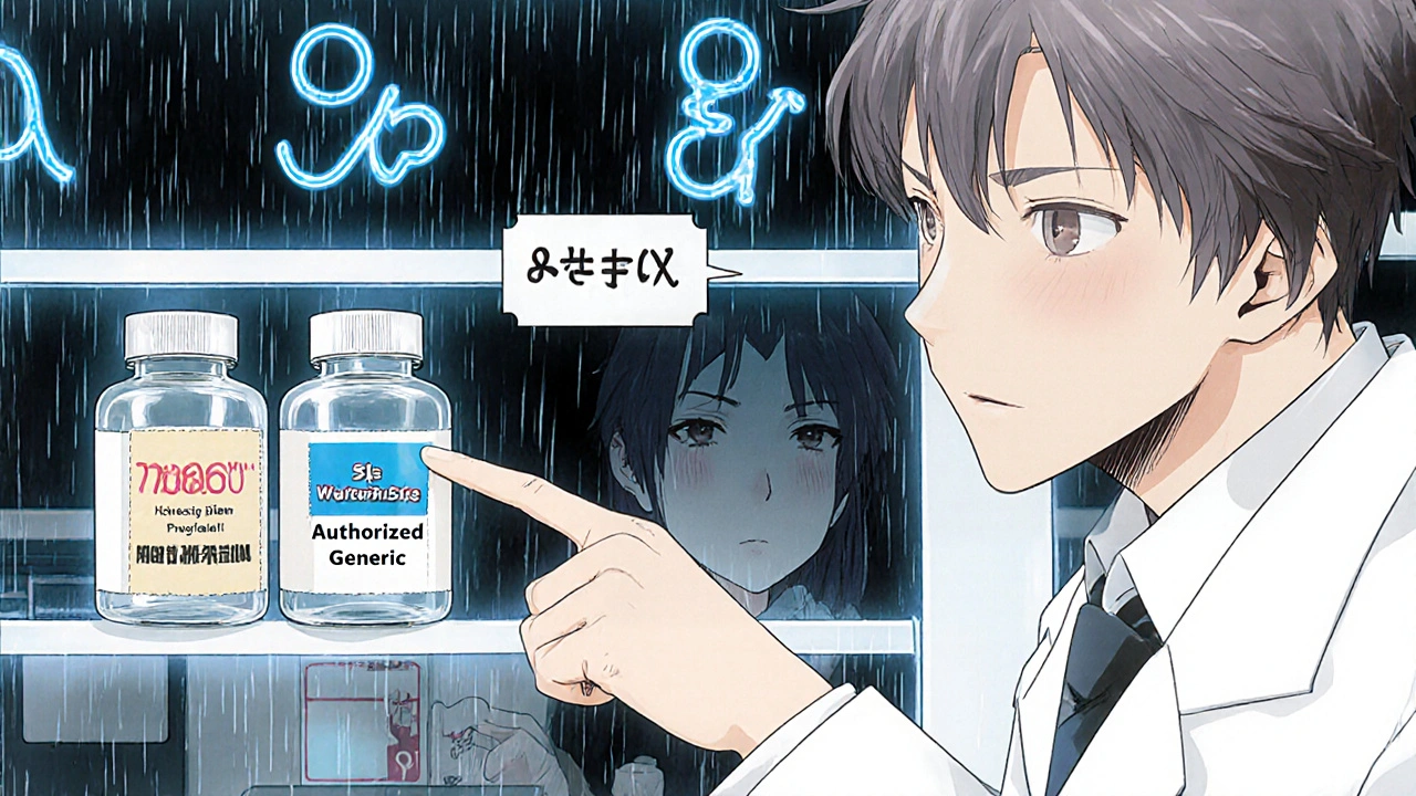 Farmacéutico explicando a un paciente la diferencia entre un medicamento de marca y su genérico autorizado.