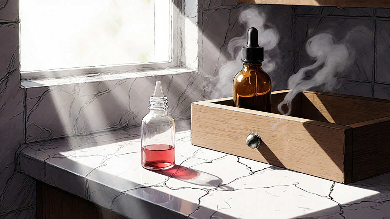 Frasco transparente se degrada en el baño expuesto a la luz solar.