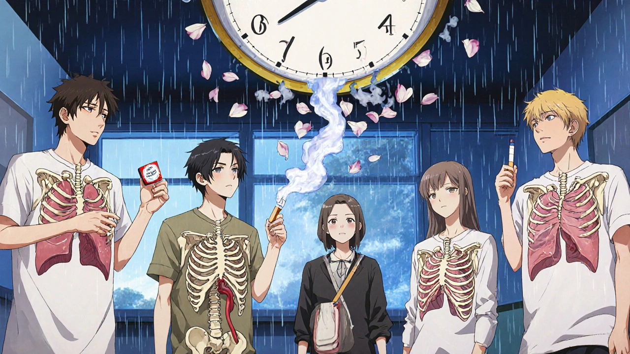 Grupo de personas en una clínica con herramientas de cesación, sus cuerpos mostrando pulmones sanos y un reloj que se convierte en pétalos.